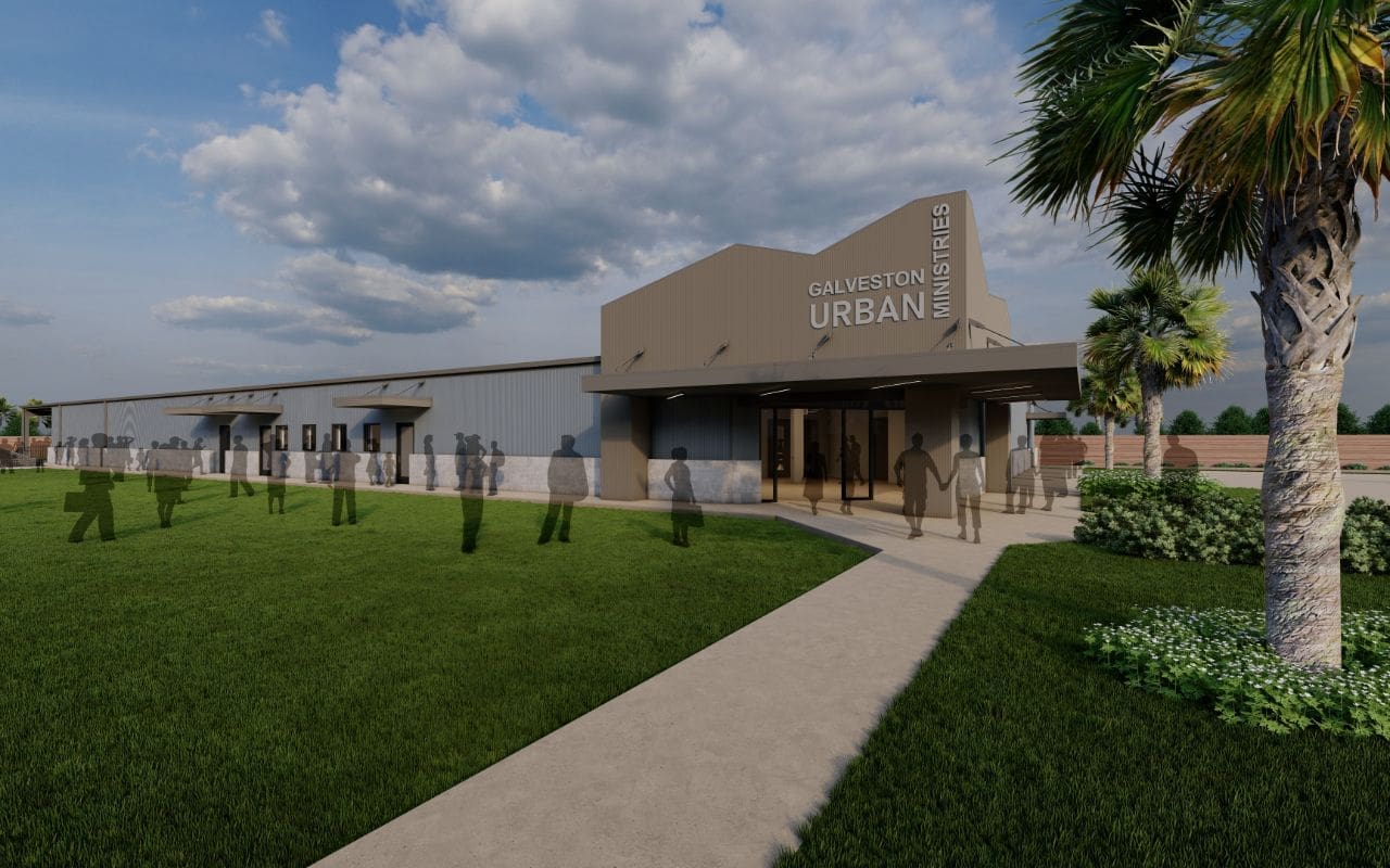 Modern building with palm trees and pathway.