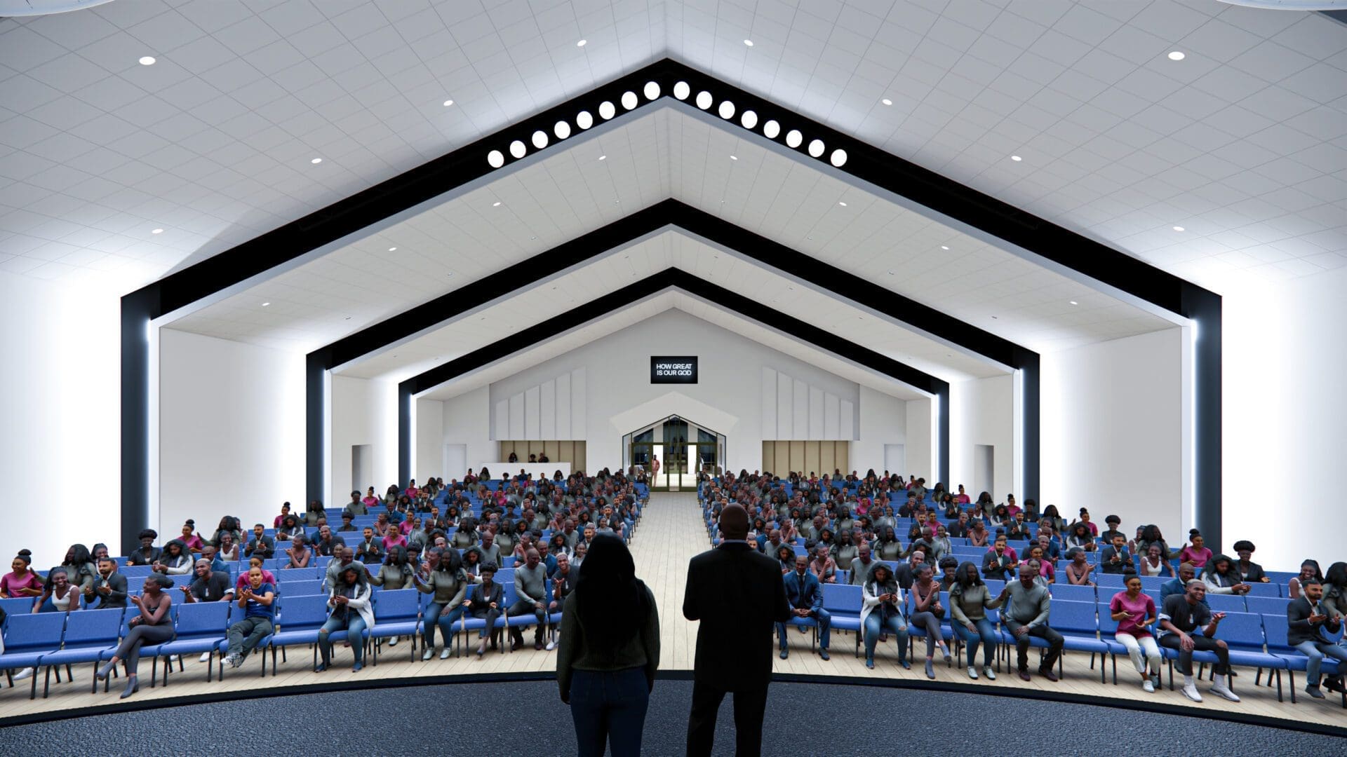 Audience seated in modern church interior.