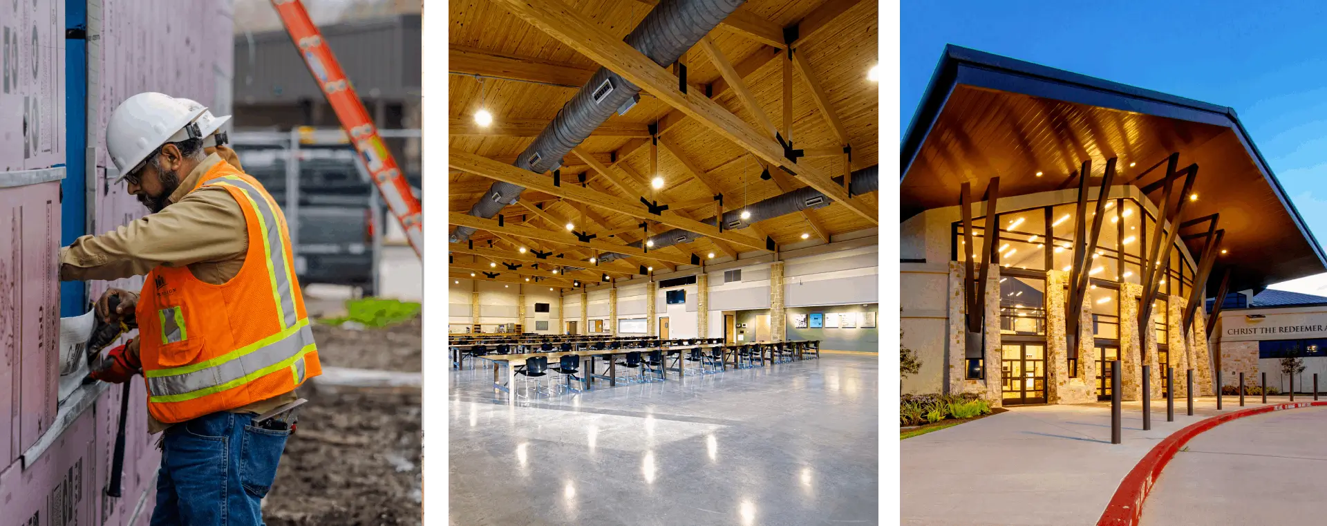 Construction worker, cafeteria interior, building exterior.