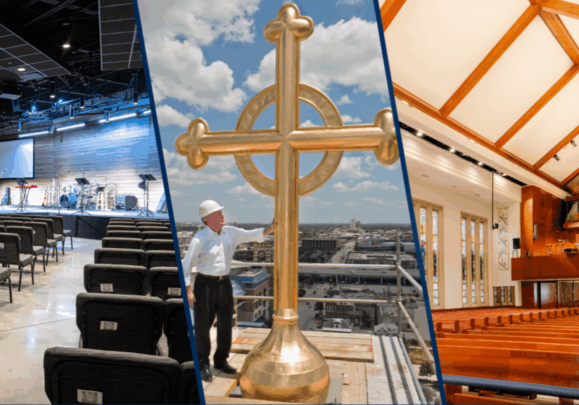 Interior of Coastal Community Church; Bob and the steeple of Annunciation Catholic Church; interior of Trinity Lutheran Church.
